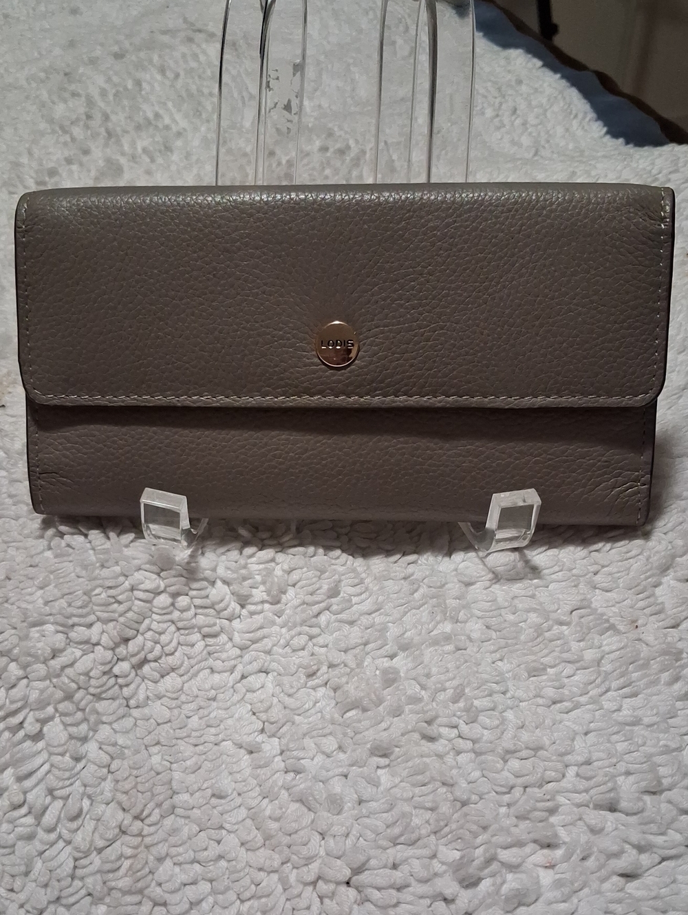 Lodis Taupe Pebbled Leather Continental Wallet with Gold Button